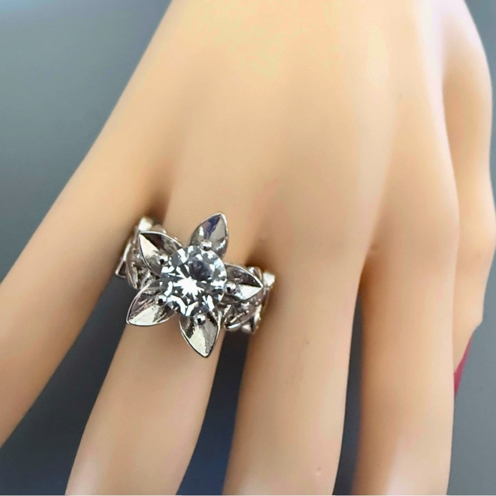 Statement Cz Ring Flower Design Solid Sterling Si… - image 4